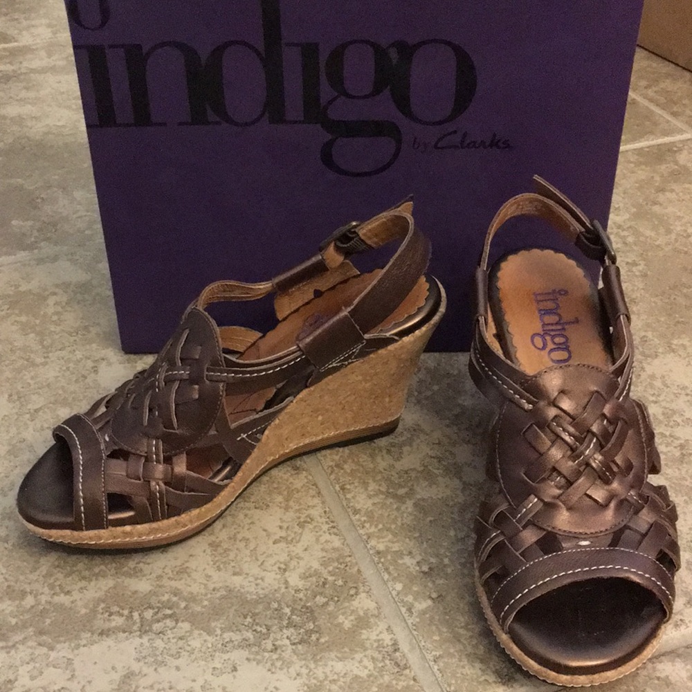 Clark’s brown leather wedges
